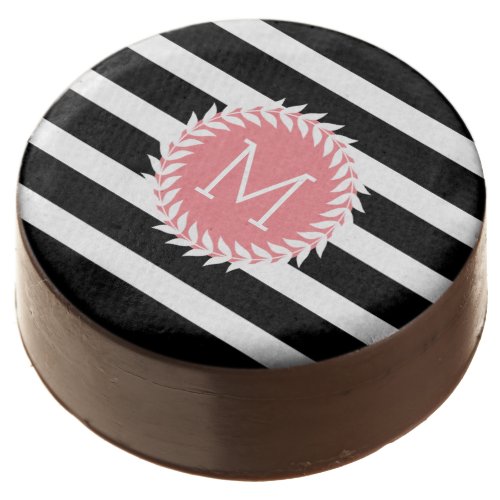 Monogramed Black  White Stripes  White Wreath Chocolate Dipped Oreo