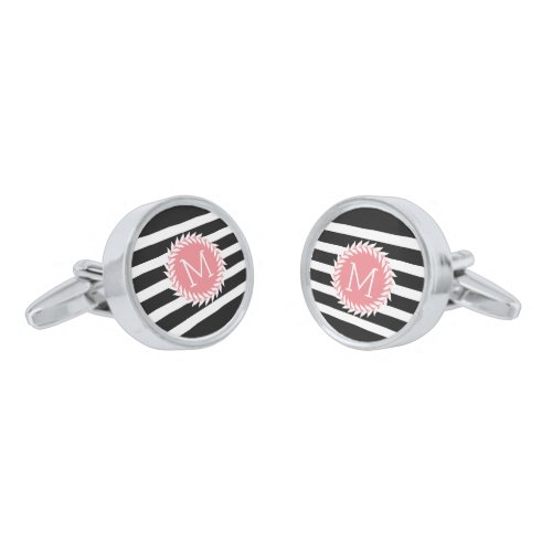 Monogramed Black  White Stripes  White Wreath Cufflinks