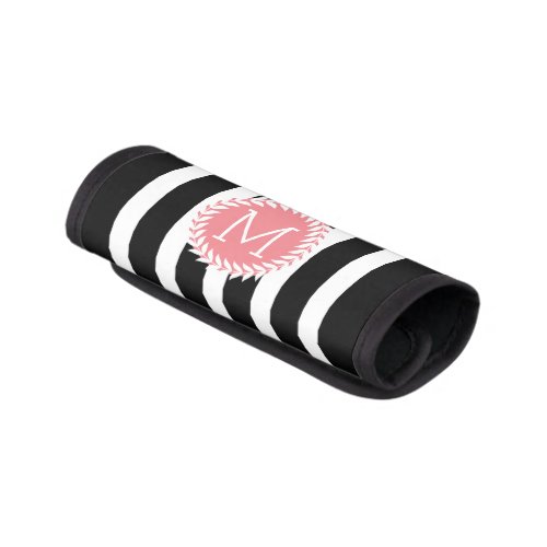 Monogramed Black  White Stripes  White Wreath Luggage Handle Wrap