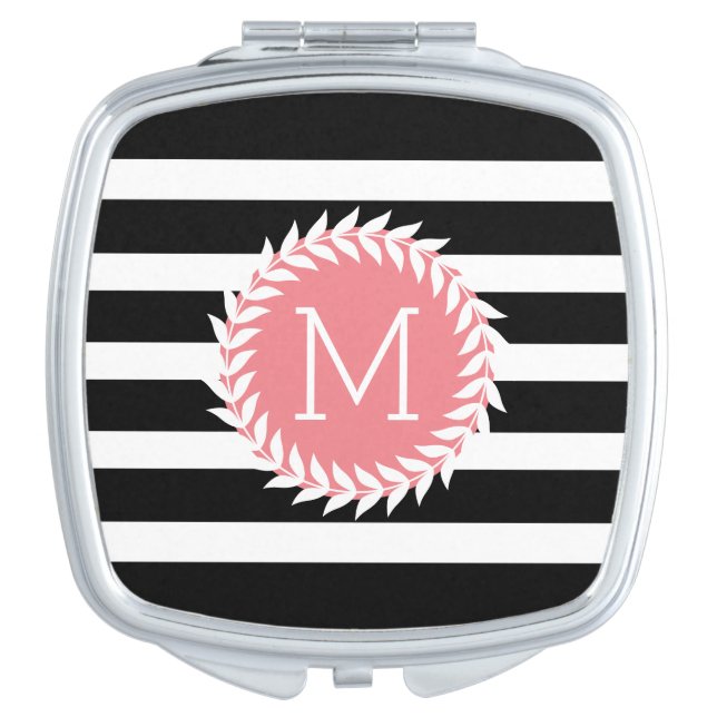 Monogramed Black & White Stripes & White Wreath Makeup Mirror (Front)