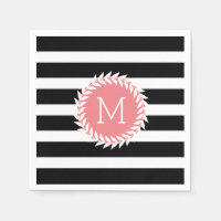 Monogramed Black & White Stripes & White Wreath