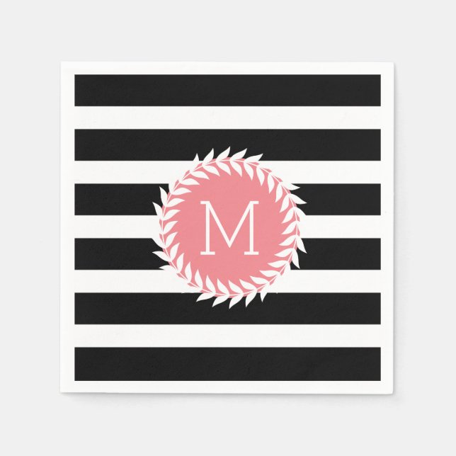 Monogramed Black & White Stripes & White Wreath Paper Napkins (Front)