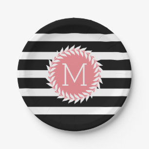 Monogramed Black & White Stripes & White Wreath Paper Plates