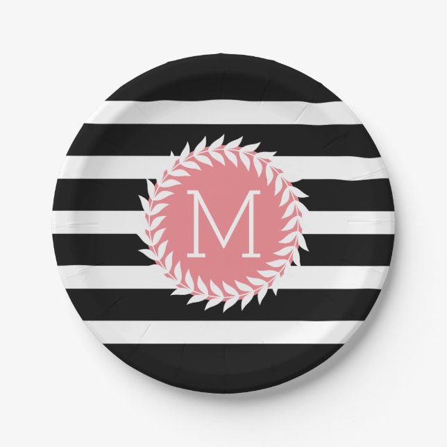 Monogramed Black & White Stripes & White Wreath Paper Plates (Front)