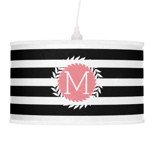 Monogramed Black  White Stripes  White Wreath Pendant Lamp