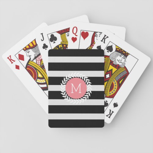 Monogramed Black  White Stripes  White Wreath Poker Cards