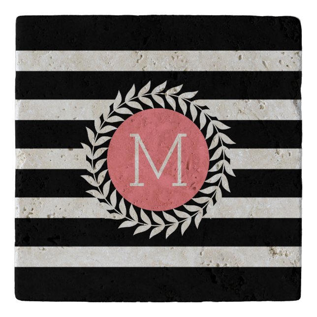 Monogramed Black & White Stripes & White Wreath Trivet (Front)