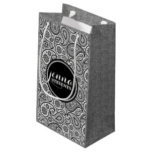 Monogramed Black & White Vintage paisley Pattern Small Gift Bag