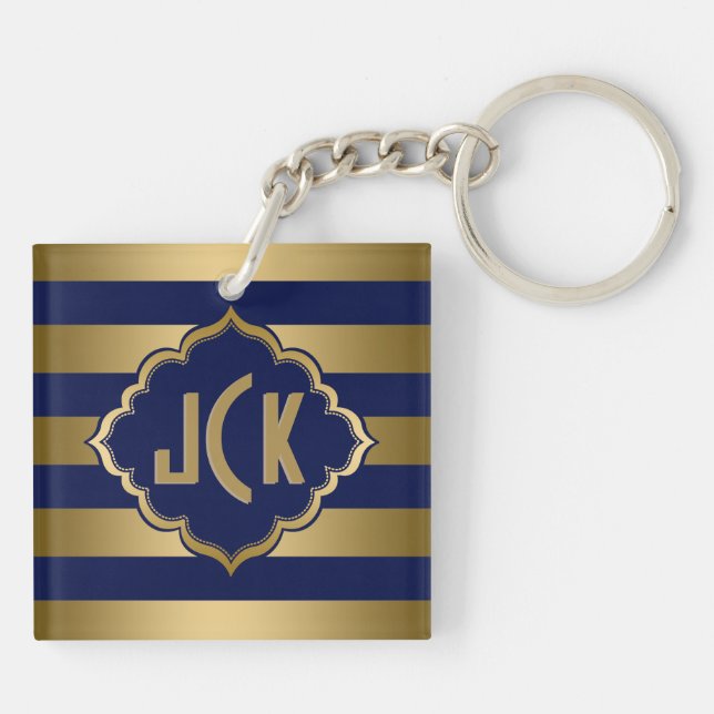 Monogramed Blue And Gold Stripes Modern Design Keychain (Back)