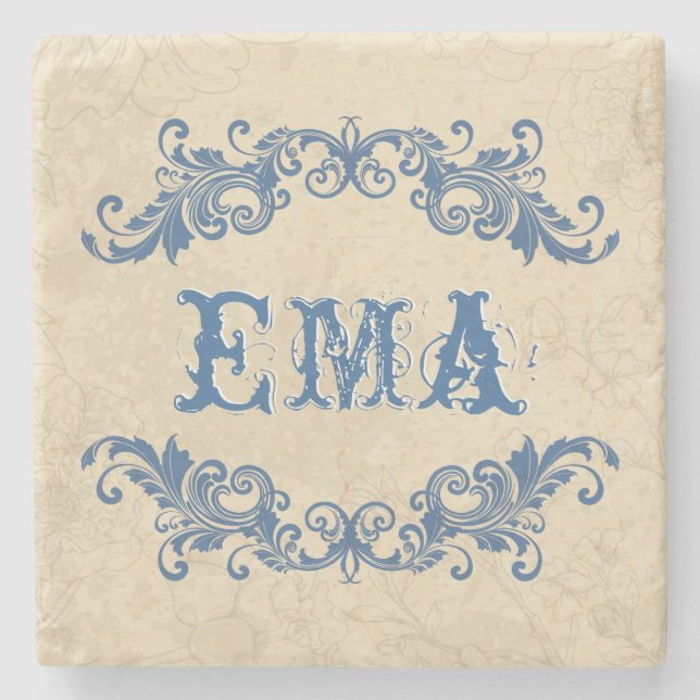 Monogramed Blue & Cream Floral Swirl Pattern Stone Coaster (Front)