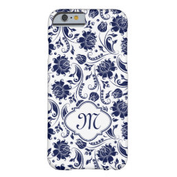 Monogramed Blue Floral Damasks White Backgroundk Barely There iPhone 6 Case