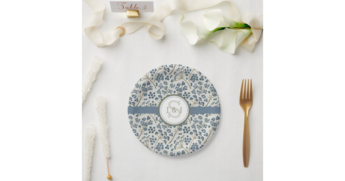 Monogramed Blue Floral Watercolor Paper Plates | Zazzle