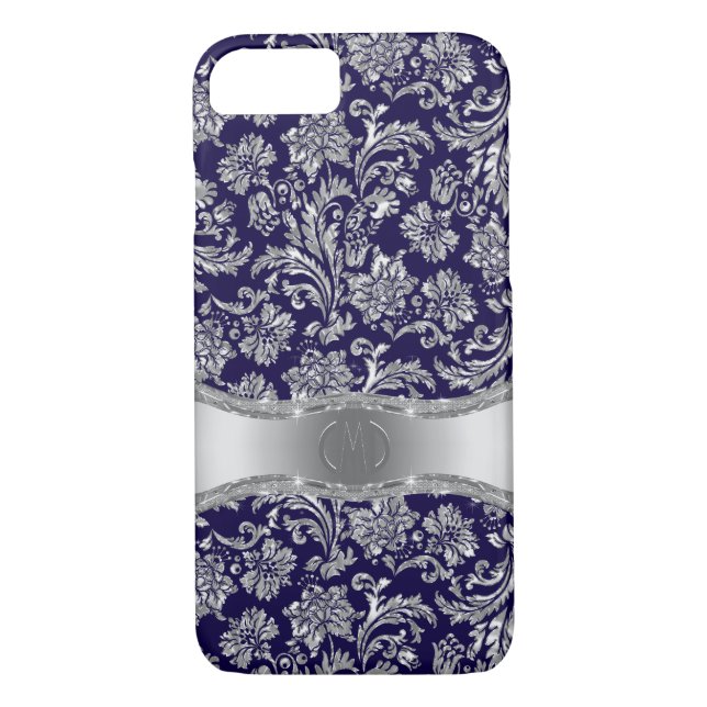 Monogramed Blue & Metallic Silver Floral Damasks Case-Mate iPhone Case (Back)