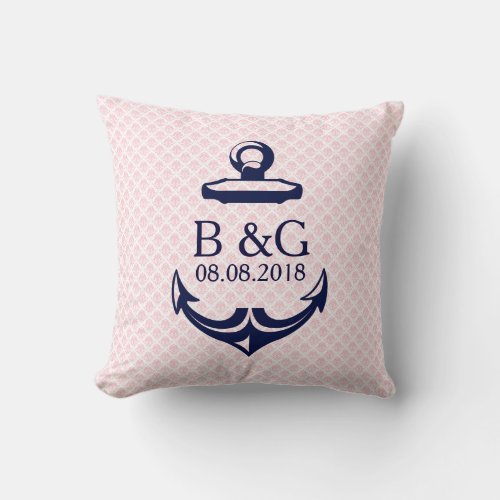 Monogramed Blue Nautical Anchor  Pink Damasks 2 Throw Pillow