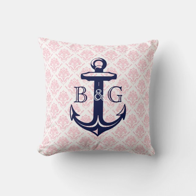 Monogramed Blue Nautical Anchor & Pink Damasks Throw Pillow (Front)