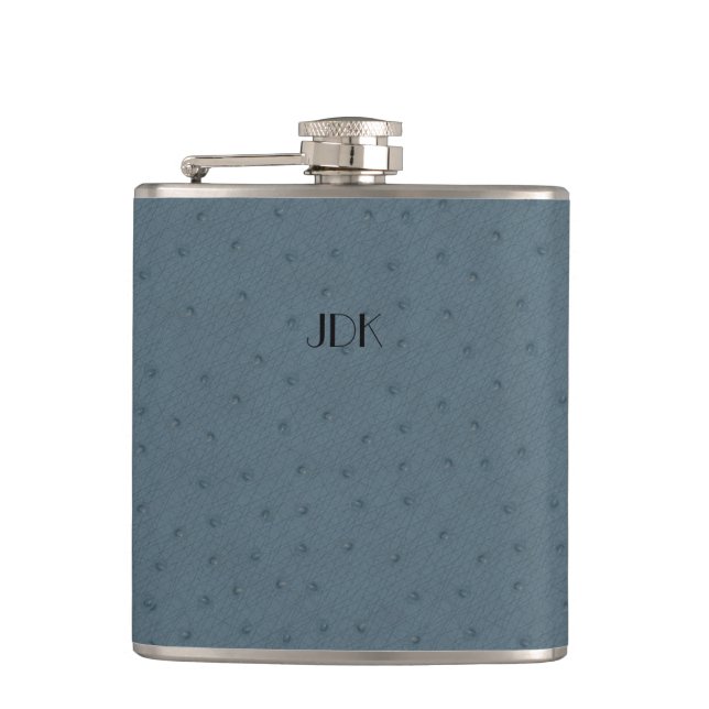 Monogramed Blue Ostrich Leather Look Flask (Front)