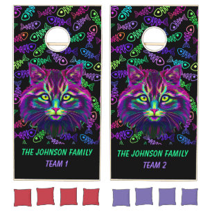 Monogramed Boho Neon Cat Fish Cornhole Set