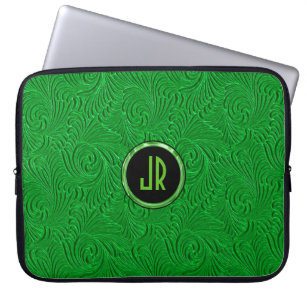 Monogramed Bright Green Embossed Floral Damasks Laptop Sleeve