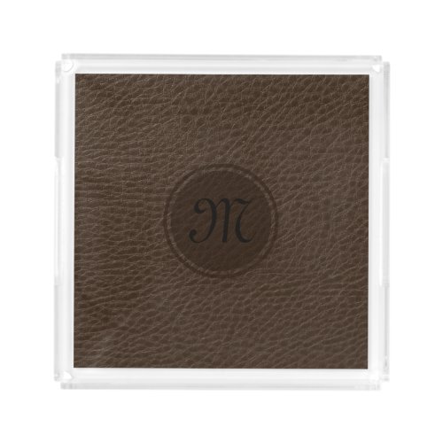 Monogramed Brown Faux Vintage Leather Look Acrylic Tray