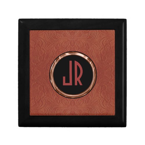 Monogramed Brown Suede Leather Floral Design Keepsake Box