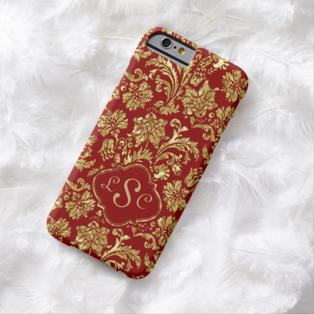 Monogramed Burgundy & Gold Floral Damasks Case-Mate iPhone Case (In Situ)