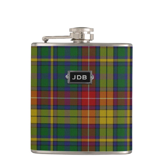 Monogramed Clan Buchanan Tartan Plaid Flask (Front)