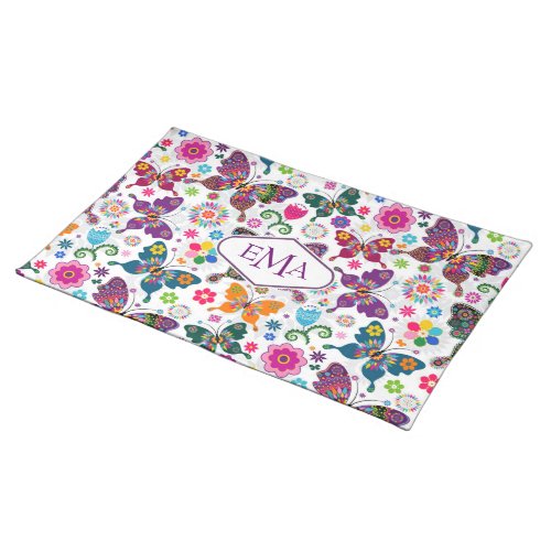 Monogramed Colorful Butterflies  Flowers Pattern Placemat