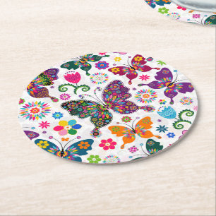 Monogramed Colorful Butterflies & Flowers Pattern Round Paper Coaster