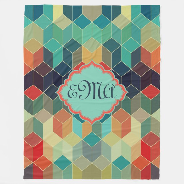 Monogramed Colorful Cubes Geometric Pattern Fleece Blanket (Front)
