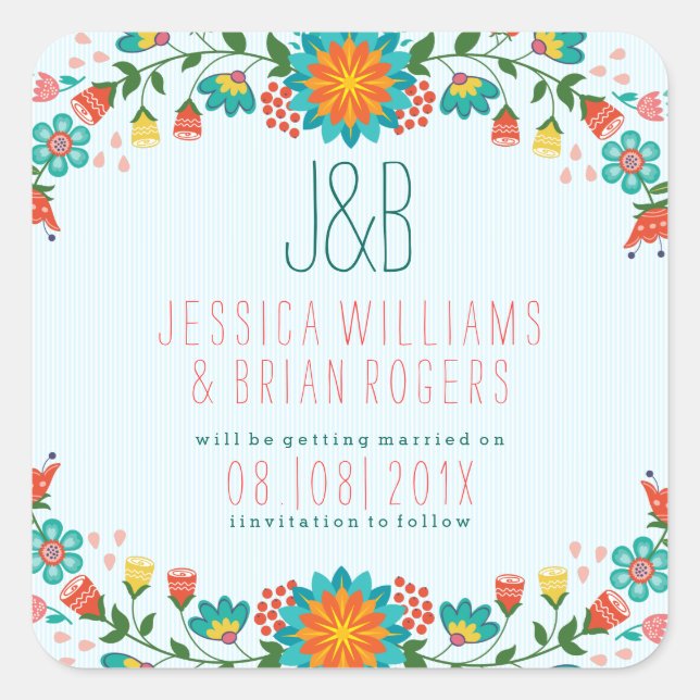 Monogramed Colorful Floral Frame Illustration Square Sticker (Front)