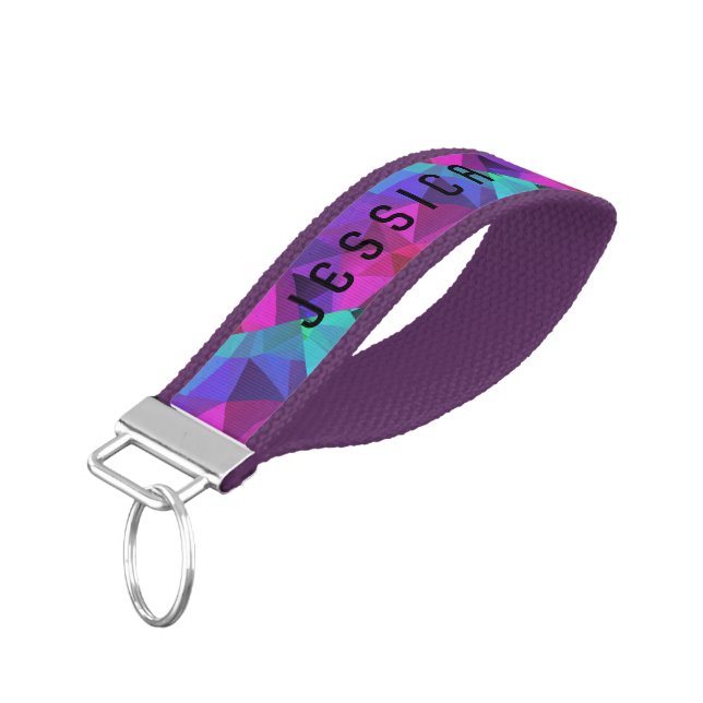 Monogramed Colorful Polygon Geometric Pattern Wrist Keychain (Angled Down)
