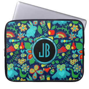 Monogramed Colorful Retro Floral Owls Pattern Laptop Sleeve