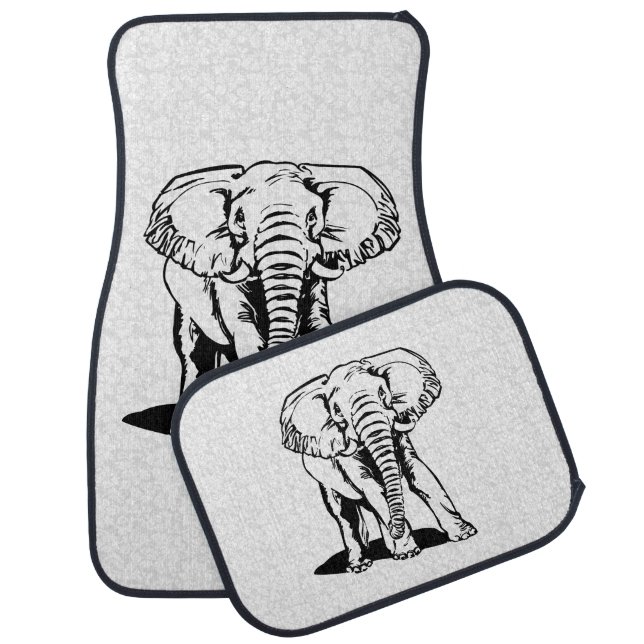 Monogramed Cute Black Elephant Line Drawing Car Mat (Set)