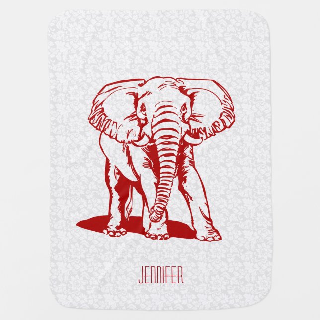 Monogramed Cute Dark Red Elephant Line Drawing Swaddle Blanket (Front)