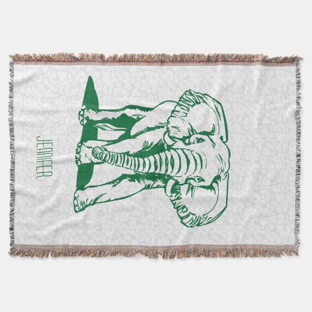 Monogramed Cute Hunter Green Elephant Line Drawing Throw Blanket (Front)