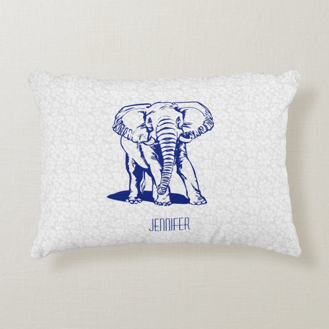 Monogramed Cute Navy Blue Elephant Line Drawing Accent Pillow (Front)