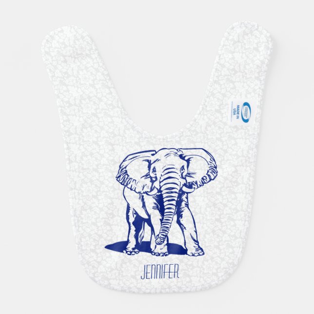 Monogramed Cute Navy Blue Elephant Line Drawing Bib (Back)