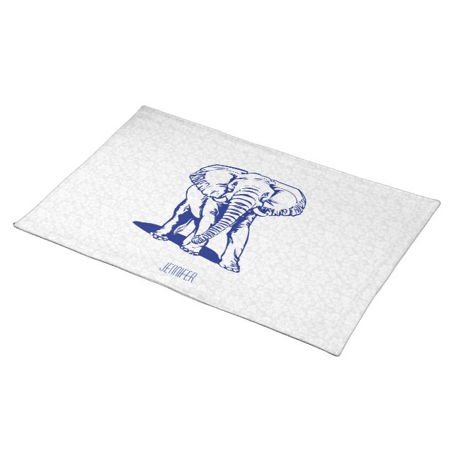 Monogramed Cute Navy Blue Elephant Line Drawing Placemat (On Table)