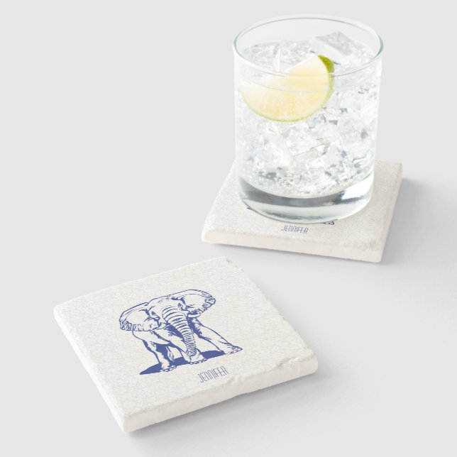 Monogramed Cute Navy Blue Elephant Line Drawing Stone Coaster (Side)