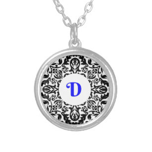 Monogramed D blue, Black and White background Silver Plated Necklace