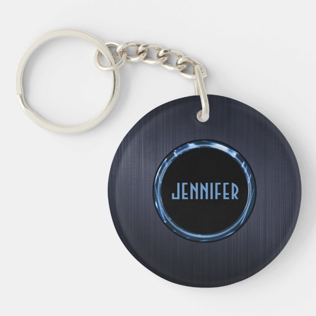 Monogramed Dark Blue Metallic Brushed Metal Look Keychain (Front)