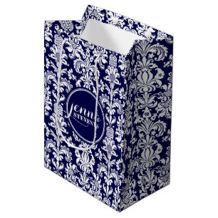 Monogramed Dark Blue & White Vintage Damasks Medium Gift Bag