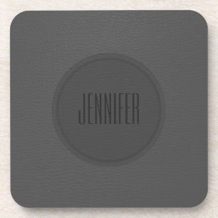 Monogramed Dark Gray Leather Texture Drink Coaster