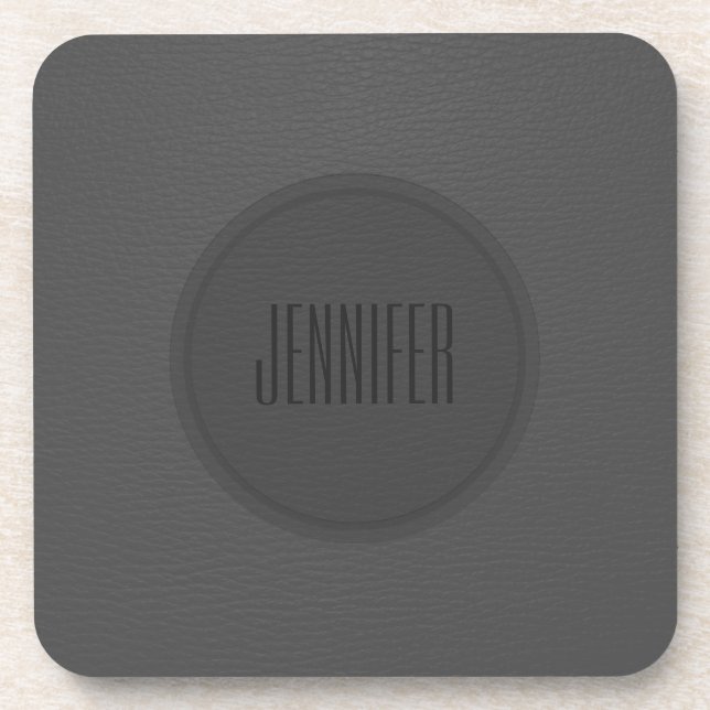 Monogramed Dark Gray Leather Texture Drink Coaster (Front)