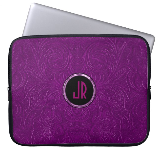 Monogramed Deep Purple Suede Leather Floral Design Laptop Sleeve (Front)