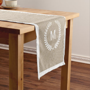 Monogramed Elegant Beige Faux Linen & White Wreath Short Table Runner