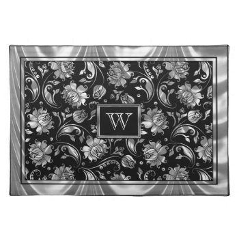 Monogramed Elegant Black & Metallic Silver Damasks Cloth Placemat by ArtOnKitchenWare at Zazzle