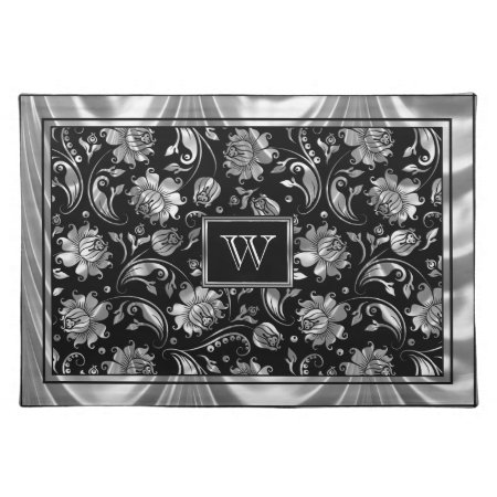 Monogramed Elegant Black & Metallic Silver Damasks Cloth Placemat