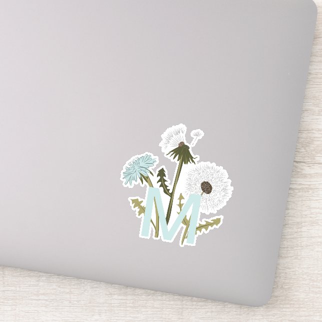Monogramed Elegant Gray Blue Dandelion Flowers Sticker (Detail)
