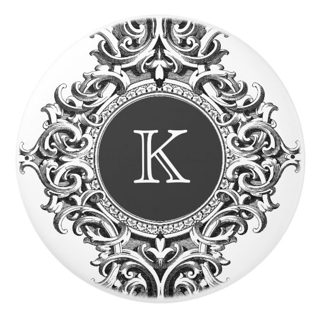 Monogramed Elegant Gray Floral Ornament Ceramic Knob (Front)